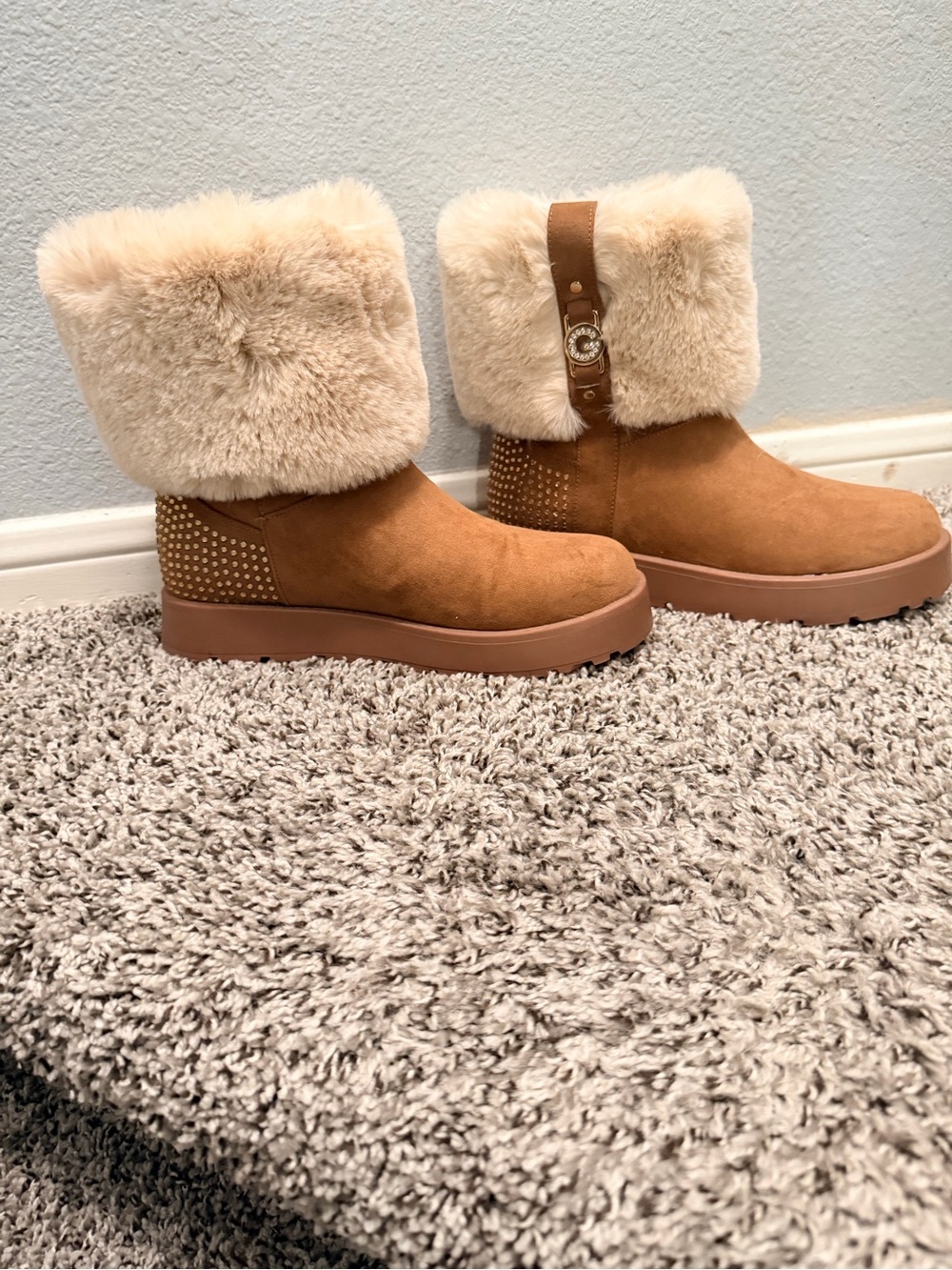 GBG Los Angeles Tan Faux-Fur Cuff Ankle Boots
